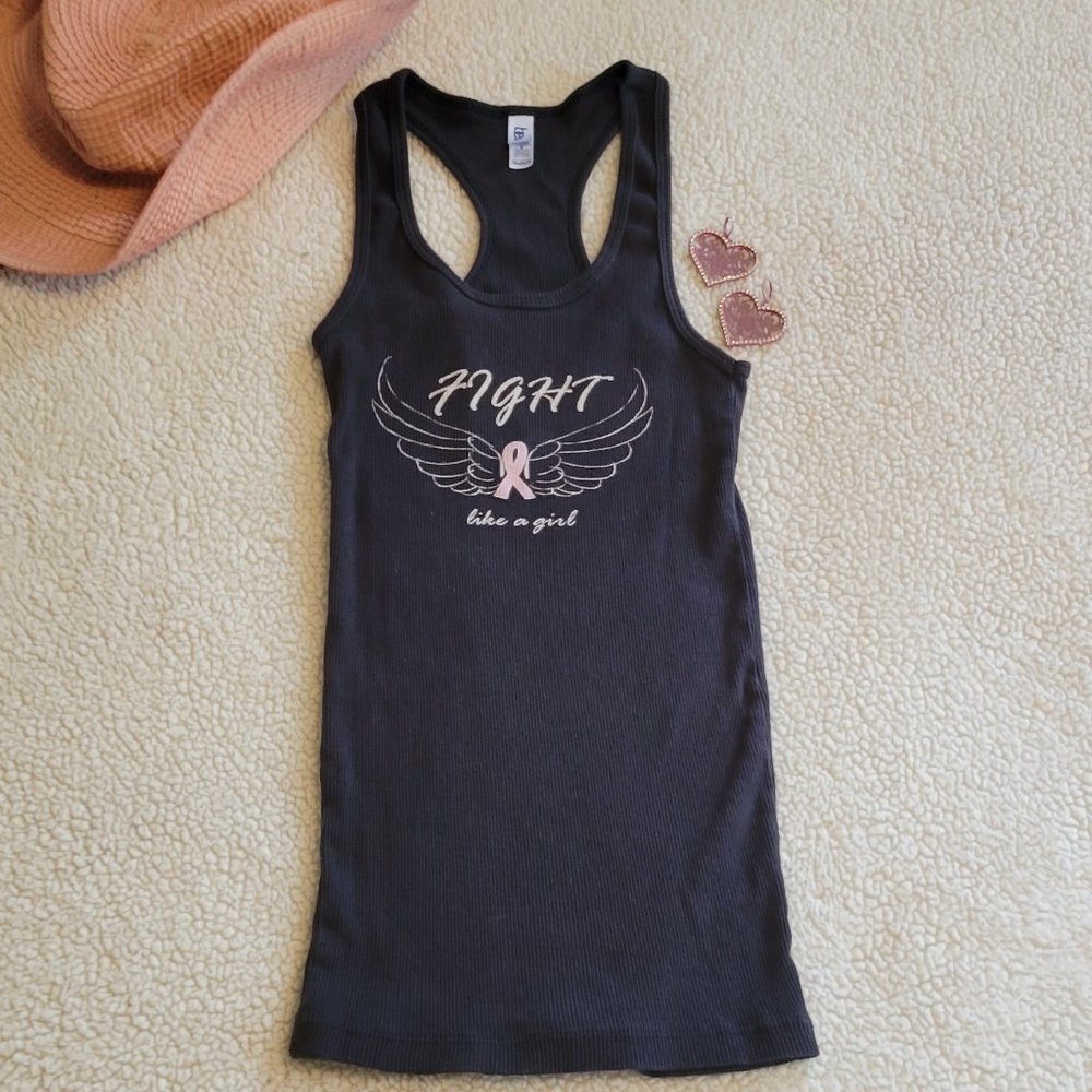 "Fight Like A Girl" black tank top with pink ribbon & wings. Sz: M